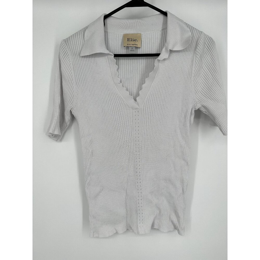 Elie Tahari White Scallop Edge Short Sleeve Top Size Large